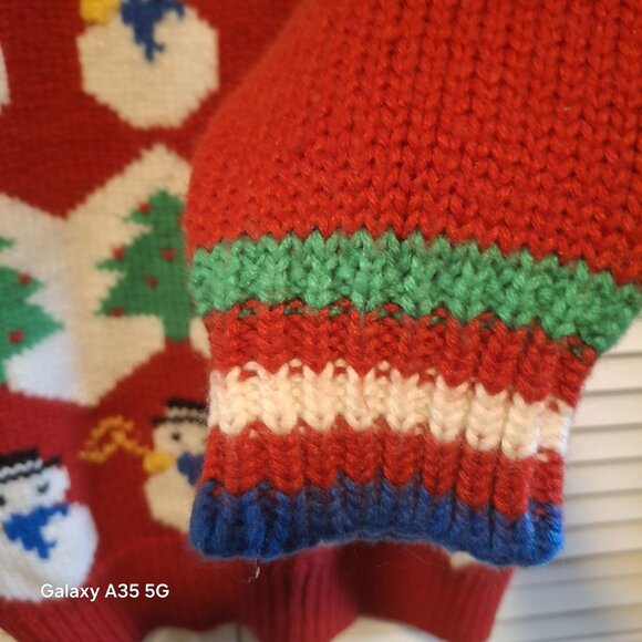 Vintage Bravo Red Christmas Sweater Medium Snowmen & Trees Graphic Knit 100% Acr - Picture 3 of 7